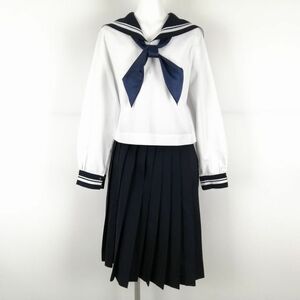 1円 セーラー服 スカート スカーフ 上下3点セット 170A 大きいサイズ ELLE 中間服 白2本線 女子 学生服 中学 高校 白 中古 ランクC NA8678