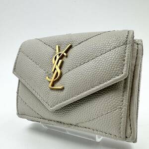 1円【美品】イヴ・サンローラン Yves Saint Laurent 三つ折り財布 コンパクトウォレット YSL金具 キャビアスキン ホワイト系 レザー 白