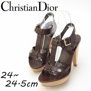 ◆Christian Dior クリスチャン ディオール レザー ストラップ ウッドヒール サンダル 茶色 ブラウン 38 1/2