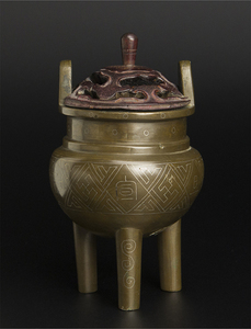 清 石叟款 銅嵌銀絲三足炉　铜嵌银丝三足炉 中国 古美術