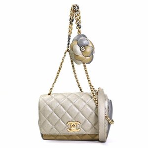 シャネル CHANEL 斜め掛けショルダーバッグ マトラッセ カメリア レザー/メタル グレージュ/ゴールド/グレー e55934a