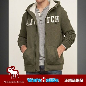 【送料無料】Sサイズ アバクロ フルジップボアパーカー オリーブ Applique Logo Sherpa-lined Hoodie アメカジ