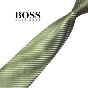 ★ストライプ柄★HUGO BOSS★高級ネクタイ ライムグリーン/ホワイト系 レジメンタル柄 ヒューゴボス イタリア シルク USED プレス済み