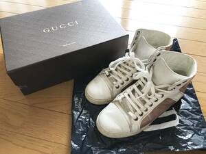 正規 直営店購入 グッチ レザー × エナメル ハイカットスニーカー 37 GUCCI 白ピンクゴールド 24 24.5 25