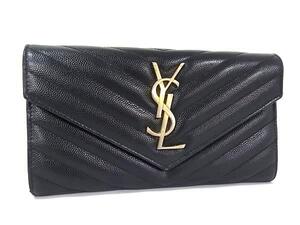 1円 ■美品■ YVESSAINTLAURENT イヴサンローラン カサンドラ Vステッチ レザー 長財布 札入れ 小銭入れ ブラック系×ゴールド系 FI6113