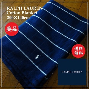 送料込 美品★ラルフローレン コットン ブランケット 200×140cm★Ralph Lauren/ポロ/ロゴ刺繍/綿毛布/ネイビー/市田株式会社製/紺