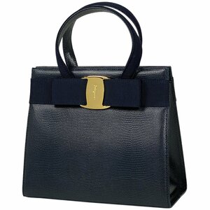 サルヴァトーレフェラガモ Salvatore Ferragamo ヴァラリボン ハンドバッグ 2WAY ショルダーバッグ レザー ネイビー 4178 レディース 中古