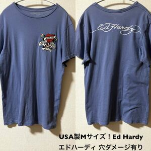 USA製Mサイズ！Ed Hardy エドハーディ 古着半袖Tシャツ 刺繍ロゴ 前裾穴ダメージ有り