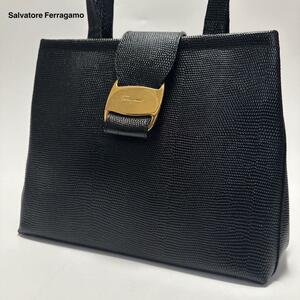 c13【極美品】サルヴァトーレフェラガモ　Salvatore Ferragamo　ヴァラ金具　黒　ブラック　リザード　ハンドバッグ　フォーマル トート