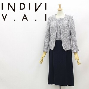 ◆INDIVI V.A.I インディヴィ ツイード ノーカラー ジャケット＆ノースリーブ ドッキング ワンピース アンサンブル セットアップ 38