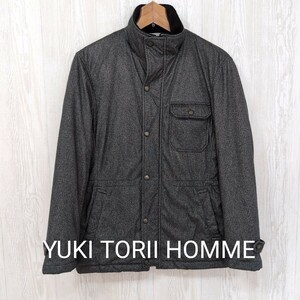  YUKI TORII HOMME メンズ ジャケット Mサイズ ヘリンボーン ウエストドローコード 裏キルティング 中綿 グレー 秋冬 防寒 アウター