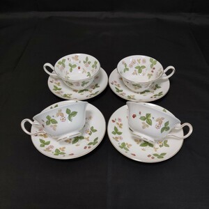 WEDGWOOD ウェッジウッド ワイルド ストロベリー ティーカップ&ソーサー4客セット 金彩 花柄 洋食器【中古品】xy520281