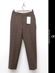 ZO-M376/未使用 UNITED ARROWS テーパードパンツ スラックス ツイード チェック 千鳥格子 ノータック 裾シングル ウール 38 Mブラウン 秋冬