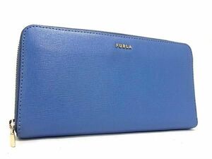 1円 ■極美品■ FURLA フルラ レザー ラウンドファスナー 長財布 ウォレット 札入れ 小銭入れ レディース ブルー系 BL1462