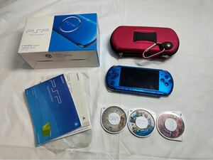 【#kk】【通電○】【箱・ケース付き】【ソフト3個付き】 SONY PSP3000 バイブラントブルー ソニー プレイステーションポータブル