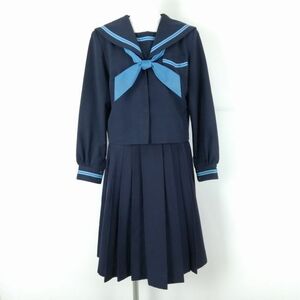 1円 セーラー服 スカート スカーフ 上下3点セット 160A 大きいサイズ 冬物 青2本線 女子 学生服 鹿児島鹿屋東中学 紺 中古 ランクC NA7642