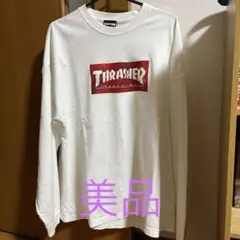 THRASHER スラッシャー ボックスロゴプリント ロンT ホワイト/レッド