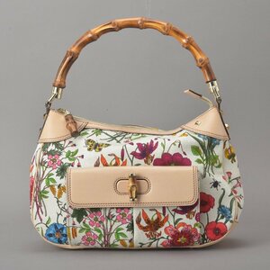 1円 極美品 GUCCI グッチ バンブー フローラ セミショルダーバッグ 137383 花柄 キャンバス ベージュ マルチカラー 竹 肩掛け 鞄 Ma.f