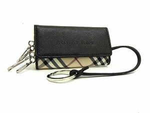 1円 ■新品同様■ BURBERRY バーバリー ナイロンキャンバス×レザー 4連 キーケース 鍵入れ ベージュ系×ブラック系 FB9088