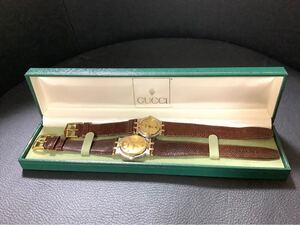 1円スタート!! GUCCI グッチ ペアウォッチ 9000M 9000L ゴールド文字盤 クォーツ 箱付き!! 売り切り!!