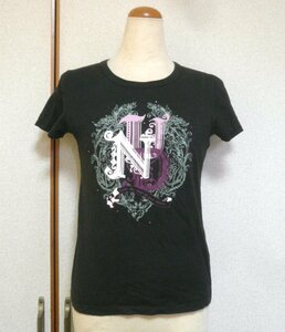 【アンタイトル（UNTITLED）】ラインストーン付 綿100%プリントTシャツ　キャップスリーブ　日本製　黒　ブラック　S～Mサイズ（使用品）