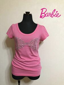 Barbie バービー ラインストーン カットソー Tシャツ トップス サイズM 半袖 ピンク 日本製