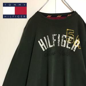 【ビッグサイズ】トミーヒルフィガー　センタープリント長袖Tシャツ　深緑H713