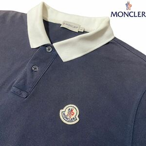 希少のLサイズ【MONCLER】定価6万 半袖ポロシャツ モンクレール ロゴワッペン 釦ロゴ刻印 上品なネイビー×ホワイト 極上コットン100% 即配