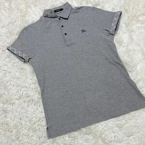 1円【大人の品格】BURBERRY BLACK LABEL バーバリーブラックレーベル ポロシャツ 半袖 Tシャツ 切替 ノバチェック Mサイズ ライトグレー 夏