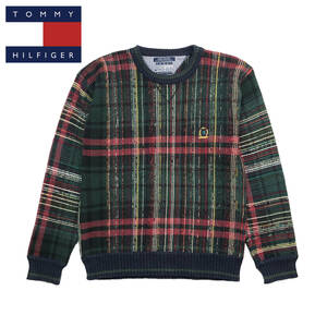 90S ヴィンテージ トミーヒルフィガー コットンニット チェック柄 クルーネック セーター メンズM TOMMY HILFIGER 古着 BJ0430