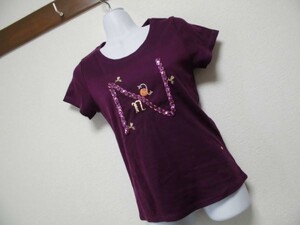 assk6-1291☆　■■C.D.S/CLEF DE SOL■■　スパンコール付き半袖Tシャツ　刺繍　丸首　トップス　パープル　Lサイズ　綿混素材　