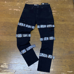 USA正規品 【W36】 WAIMEA ワイメア ストラップベルト付き ストレッチフィット Skinny スキニーパンツ 伸縮性あり ダメージ 黒 ペイズリー