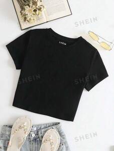 SHEIN 無地 ラウンドネット ショート丈Tシャツ XLサイズ 黒 ブラック