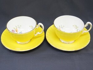 中古・美品【AYNSLEY エインズレイ】コテージガーデン 黄色 イエロー ティーカップ&ソーサー2客 ペアC&S 花柄 蝶 バタフライ