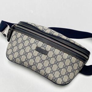 1円【美品】GUCCI グッチ GGスプリーム メンズ ボディバッグ ショルダーバッグ ウエストポーチ 斜め掛け PVC×レザー 総柄 ネイビー 紺色