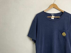 グッドカラーUSA製90sビンテージRalphLaurenラルフローレン半袖クルーネックポケTシャツSネイビー紺アメカジストリートnr23902