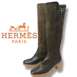 u10 HERMES エルメス レザー ロングブーツ スエード ボア ムートン ブラウン エンジニア ジョッキー　シューズ 本革 36 正規品 Vintage