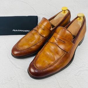 【希少】MAGNANNI マグナーニ パティーヌ コインローファー ハーフサドル 茶 ブラウン 38 24.5cm 高級 上位ライン スペイン 紳士靴