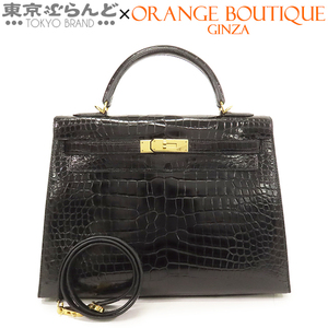 101739834 エルメス HERMES ケリー 32 T刻印 黒 ブラック ゴールド金具 ポロサス 外縫 2WAY ハンドバッグ クロコダイル レディース