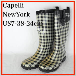 EB5718*Capelli NewYork*カペリ ニューヨーク*レディースレインブーツ*US7-38-24cm*黒・白・チェック