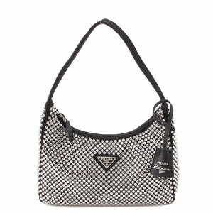 【プラダ】Prada　クリスタル トライアングルロゴ サテン ミニ ホーボー ハンドバッグ 1BC515 ブラック 【中古】【正規品保証】203514