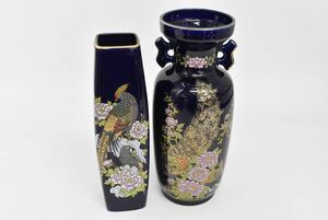 (798L 0524M29) 1円～ 花瓶 2点セット 瑠璃花鳥図 金彩 花器 花生 飾壷 華道具 インテリア