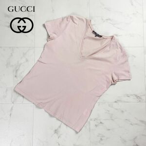 美品 GUCCI グッチ Vネック 半袖Tシャツ カットソー トップス レディース ピンク サイズS*PC326