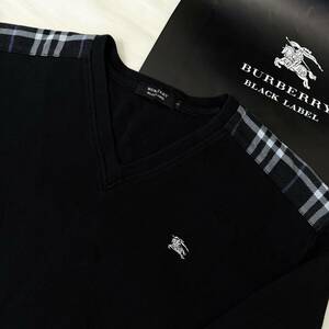 美品 名作 BURBERRY BLACK LABEL バーバリーブラックレーベル 長袖VネックTシャツ ロンT 肩ノバチェック ホース刺繍 黒 2(M) #2879