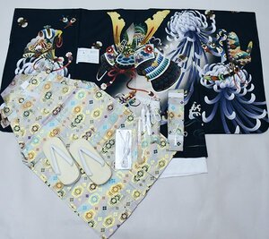 七五三 五歳 男児 羽織袴フルセット 着物 L寸 金刺繍 豪華絢爛 綸子地 黒地 兜 菊 袴変更可能 祝着 新品（株）安田屋 NO38721