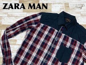 ☆送料無料☆ ZARA MAN ザラ 古着 長袖 チェック柄 切替 胸ポケット付き スリムフィット シャツ メンズ M レッド トップス 中古 即決