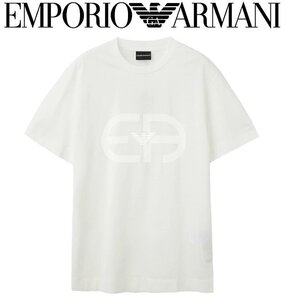 4万新品◆L◆EMPORIO アルマーニ イーグルモチーフEA同色ロゴ ストレッチコットン クルーネックシンプルTシャツ 白 1円