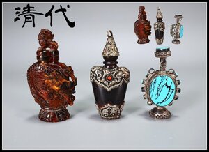 【吉】ZC542 唐物 東洋彫刻 【清代】 天然琥珀 銀製 鼻煙壷 3点 一括出品 美品！