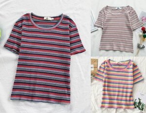 全9色 半袖Ｔシャツ 切り替え バイカラー スリム 着痩せ ボーダー柄 シンプル L 色品番6