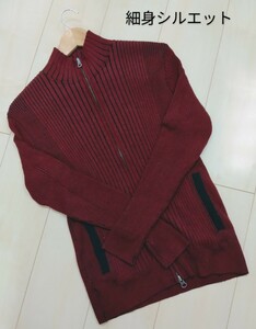 ★【中古/USED/未使用】MICHEL KLEN HOMME ミッシエルクラン メンズカットソー リブニット ダブルジップツプ サイズ46 ブラック＆ボルドー 